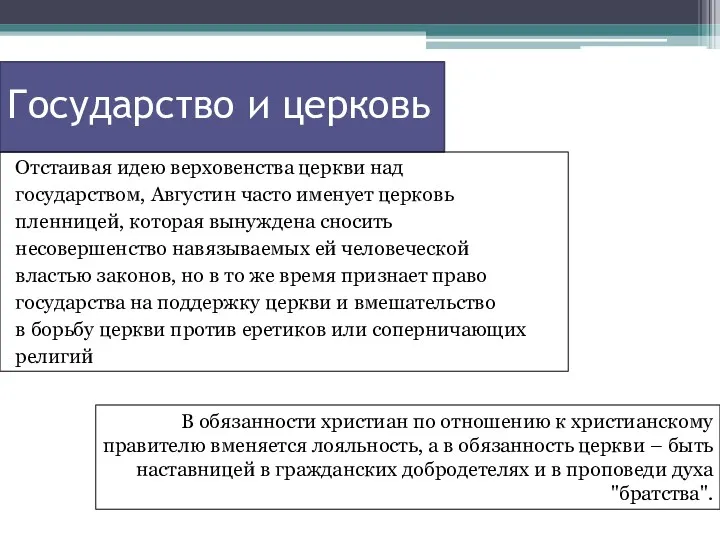 Государство и церковь Отстаивая идею верховенства церкви над государством, Августин