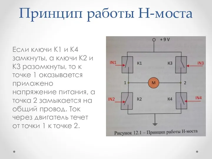 Принцип работы Н-моста Если ключи К1 и К4 замкнуты, а