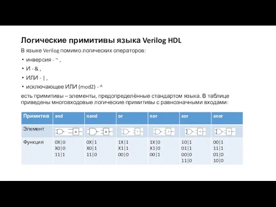Логические примитивы языка Verilog HDL В языке Verilog помимо логических операторов: инверсия -