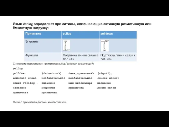 Язык Verilog определяет примитивы, описывающие активную резистивную или ёмкостную нагрузку: