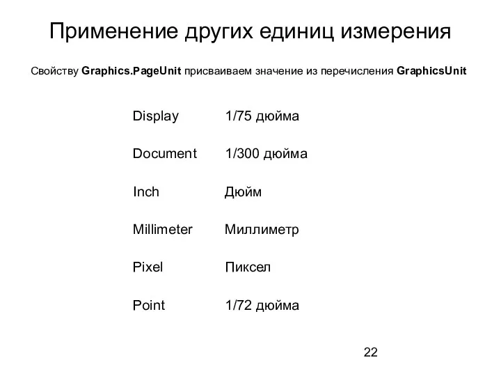 Применение других единиц измерения Свойству Graphics.PageUnit присваиваем значение из перечисления GraphicsUnit