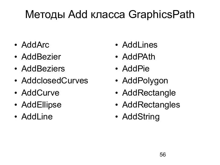 Методы Add класса GraphicsPath AddArc AddBezier AddBeziers AddclosedCurves AddCurve AddEllipse