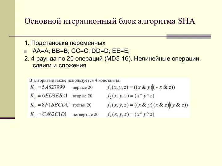 Основной итерационный блок алгоритма SHA 1. Подстановка переменных AA=A; BB=B;