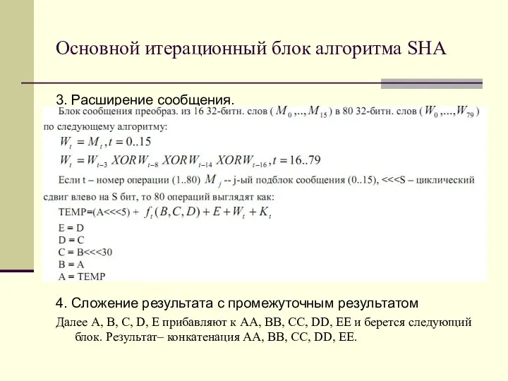 Основной итерационный блок алгоритма SHA 3. Расширение сообщения. 4. Сложение