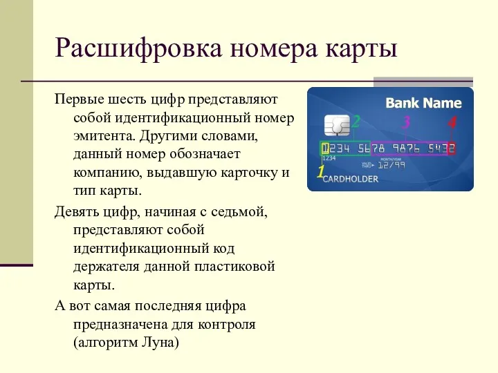 Расшифровка номера карты Первые шесть цифр представляют собой идентификационный номер