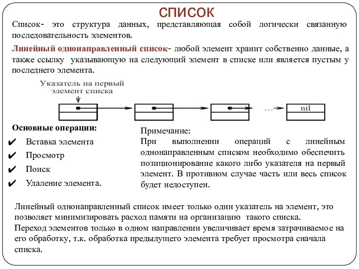 Линейный однонаправленный список Список- это структура данных, представляющая собой логически