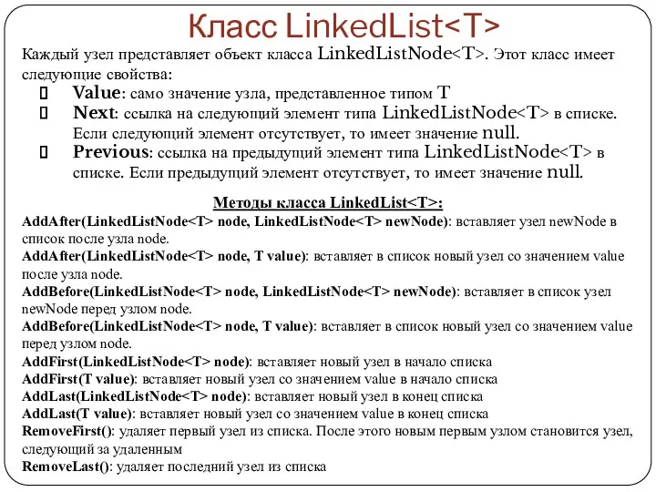 Класс LinkedList Каждый узел представляет объект класса LinkedListNode . Этот