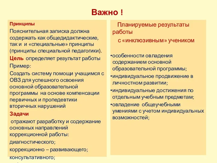 Важно ! Принципы Пояснительная записка должна содержать как общедидактические, так