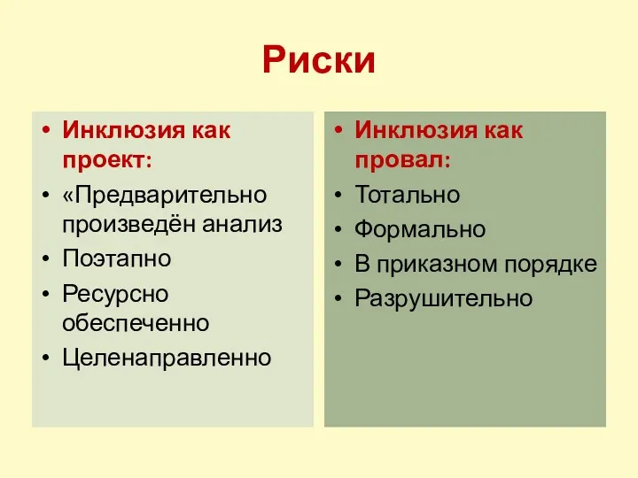 Риски Инклюзия как проект: «Предварительно произведён анализ Поэтапно Ресурсно обеспеченно