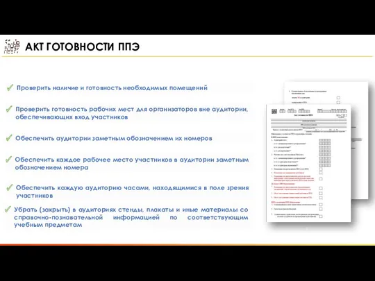 АКТ ГОТОВНОСТИ ППЭ Проверить наличие и готовность необходимых помещений Проверить