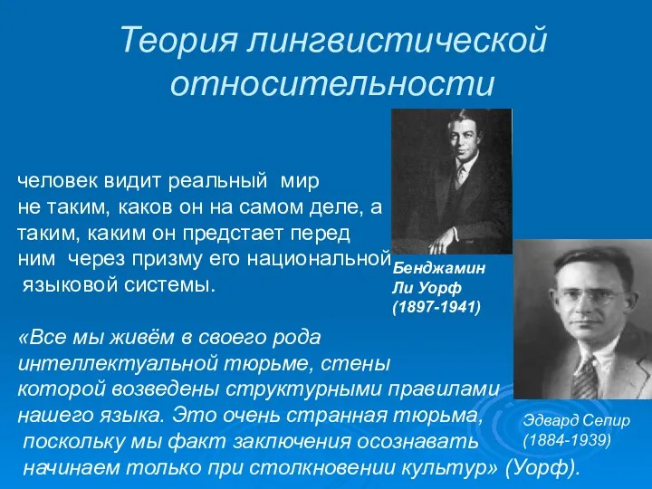 Теория лингвистической относительности Бенджамин Ли Уорф (1897-1941) Эдвард Сепир (1884-1939)