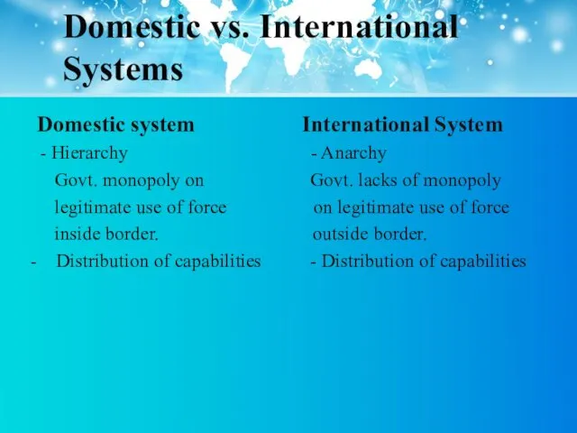 Domestic vs. International Systems Domestic system International System - Hierarchy