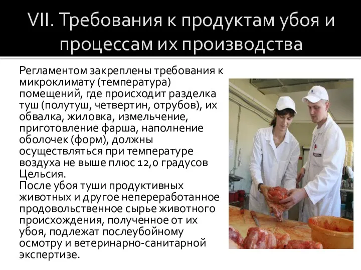 VII. Требования к продуктам убоя и процессам их производства Регламентом