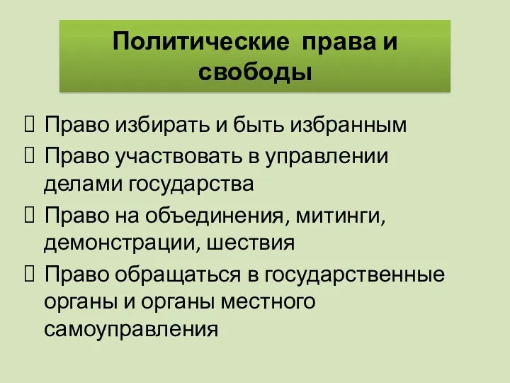 Право избирать и быть избранным Право участвовать в управлении делами