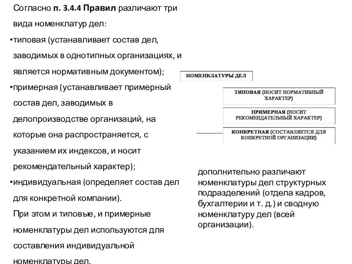 Согласно п. 3.4.4 Правил различают три вида номенклатур дел: типовая