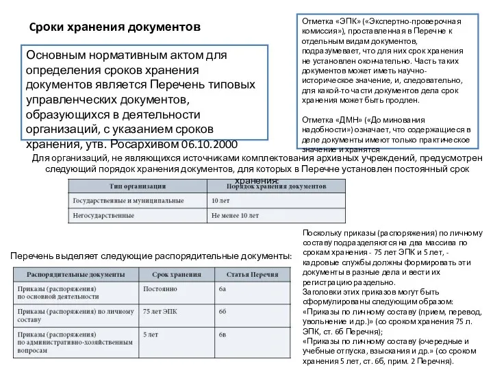 Cроки хранения документов Основным нормативным актом для определения сроков хранения