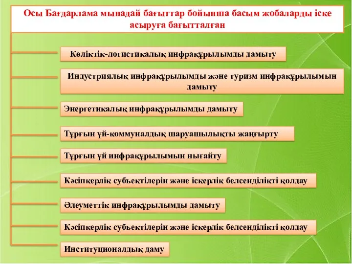 Осы Бағдарлама мынадай бағыттар бойынша басым жобаларды іске асыруға бағытталған