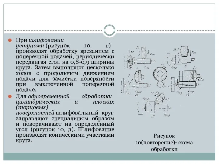 При шлифовании уступами (рисунок 10, г) производят обработку врезанием с