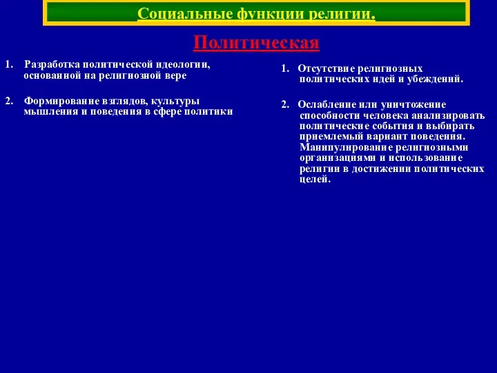 Социальные функции религии. 1. Разработка политической идеологии, основанной на религиозной вере 2. Формирование