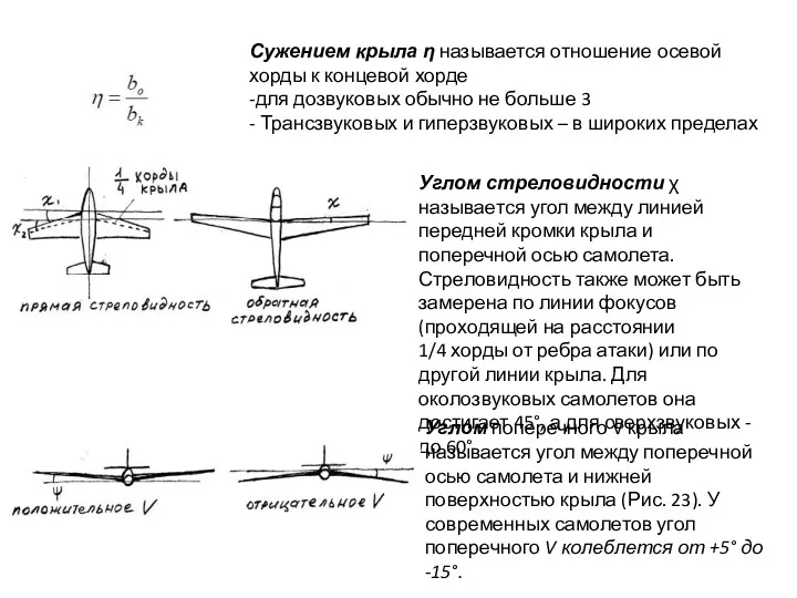 Сужением крыла η называется отношение осевой хорды к концевой хорде