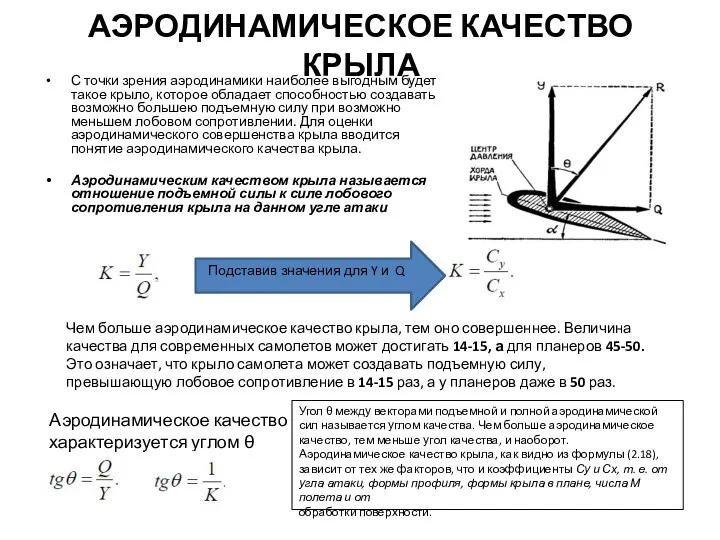 АЭРОДИНАМИЧЕСКОЕ КАЧЕСТВО КРЫЛА С точки зрения аэродинамики наиболее выгодным будет