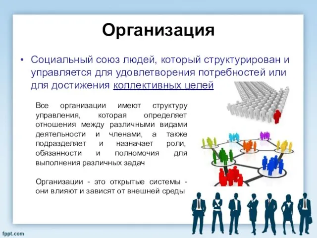 Организация Cоциальный союз людей, который структурирован и управляется для удовлетворения