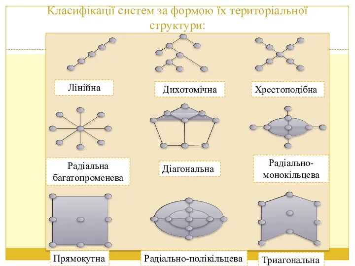 Класифікації систем за формою їх територіальної структури: Лінійна Дихотомічна Хрестоподібна