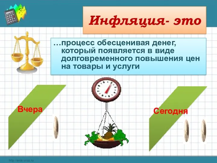 Инфляция- это …процесс обесценивая денег, который появляется в виде долговременного