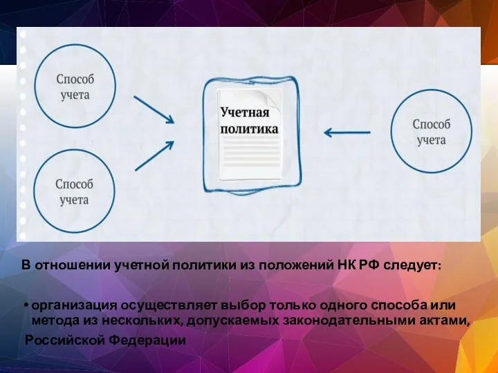 В отношении учетной политики из положений НК РФ следует: организация осуществляет выбор только