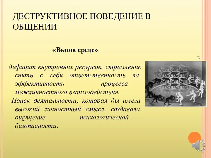 ДЕСТРУКТИВНОЕ ПОВЕДЕНИЕ В ОБЩЕНИИ «Вызов среде» дефицит внутренних ресурсов, стремление