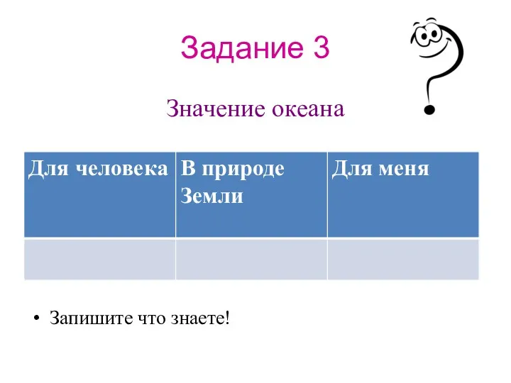 Задание 3 Значение океана Запишите что знаете!