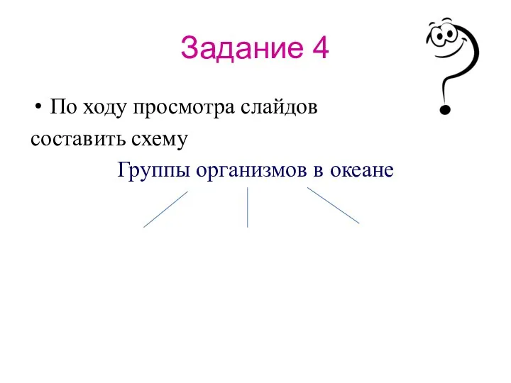 Задание 4 По ходу просмотра слайдов составить схему Группы организмов в океане