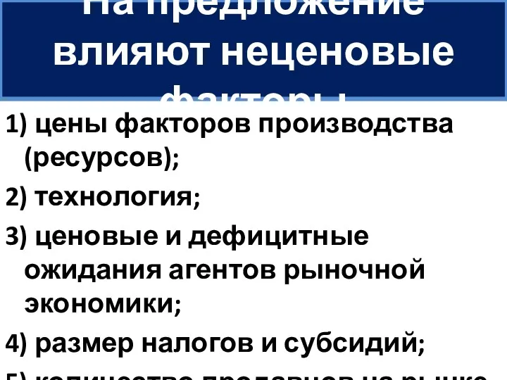 На предложение влияют неценовые факторы 1) цены факторов производства (ресурсов);