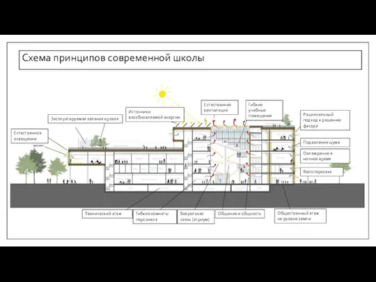 Схема принципов современной школы Эксплуатируемая зеленая кровля Источники возобновляемой энергии Естественное освещение Естественная