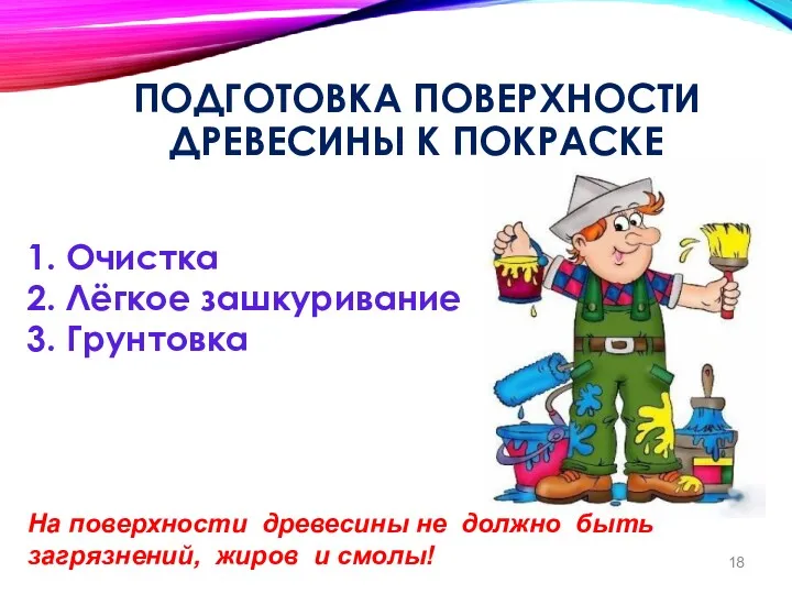 ПОДГОТОВКА ПОВЕРХНОСТИ ДРЕВЕСИНЫ К ПОКРАСКЕ 1. Очистка 2. Лёгкое зашкуривание