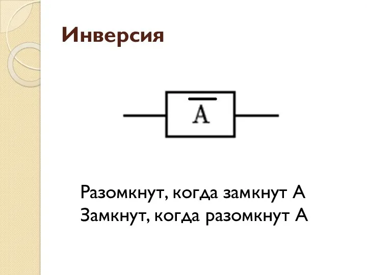 Инверсия Разомкнут, когда замкнут А Замкнут, когда разомкнут А