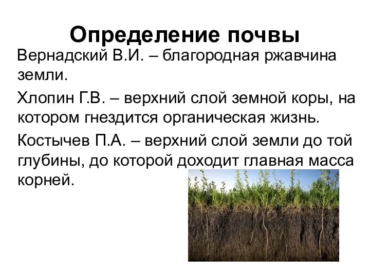 Определение почвы Вернадский В.И. – благородная ржавчина земли. Хлопин Г.В.