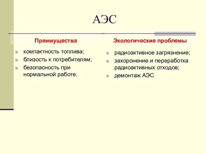 АЭС Преимущества компактность топлива; близость к потребителям; безопасность при нормальной