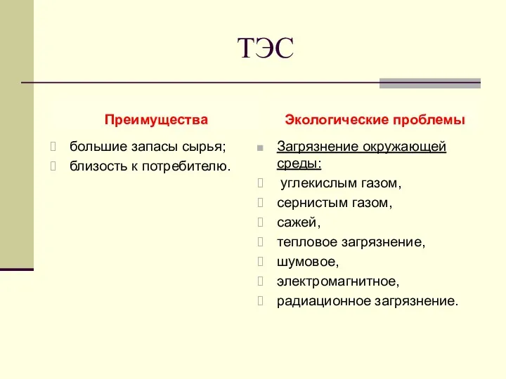 ТЭС Преимущества большие запасы сырья; близость к потребителю. Экологические проблемы