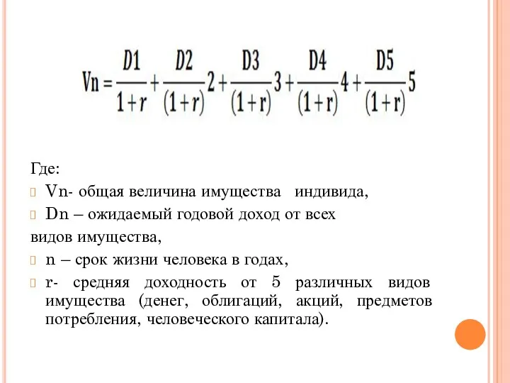 Где: Vn- общая величина имущества индивида, Dn – ожидаемый годовой