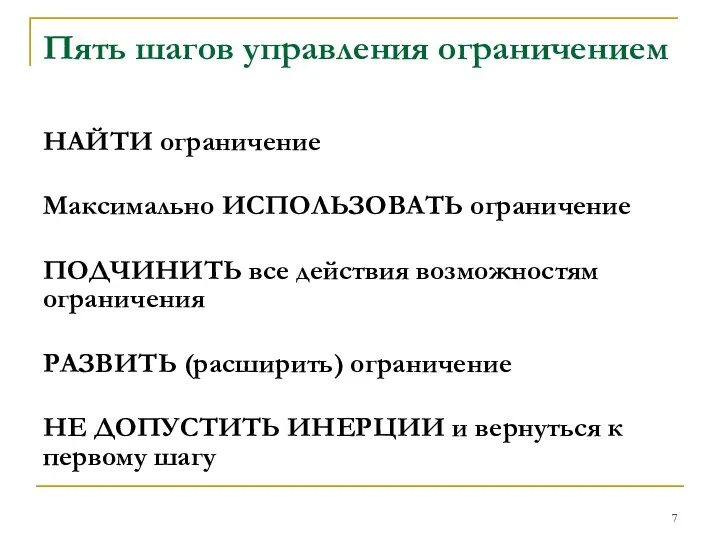 Пять шагов управления ограничением НАЙТИ ограничение Максимально ИСПОЛЬЗОВАТЬ ограничение ПОДЧИНИТЬ