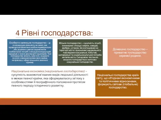 4 Рівні господарства: Національна економіка (національне господарство) – сукупність взаємопов’язаних