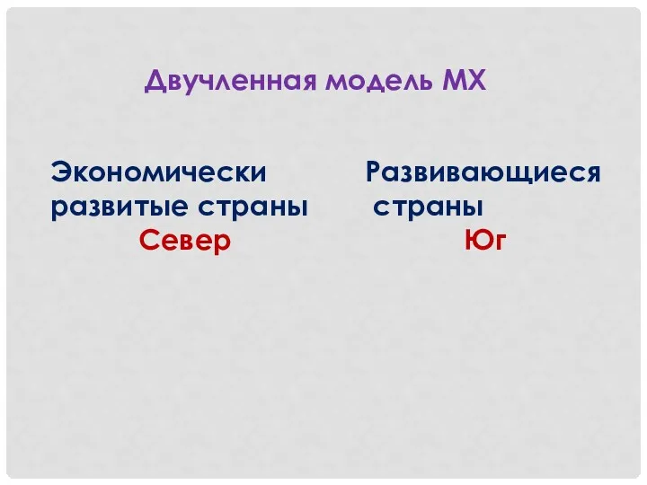 Двучленная модель МХ Экономически развитые страны Север Развивающиеся страны Юг