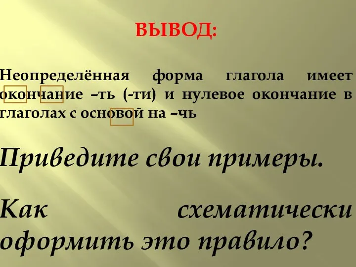 ВЫВОД: Неопределённая форма глагола имеет окончание –ть (-ти) и нулевое