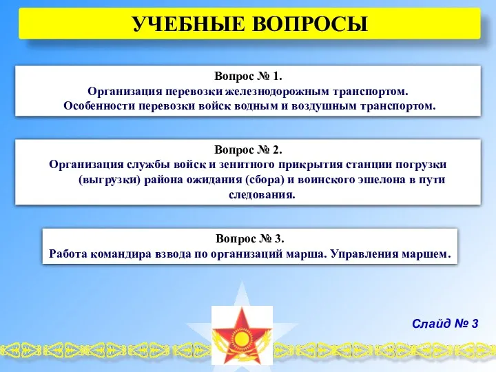 УЧЕБНЫЕ ВОПРОСЫ Слайд № 3 Вопрос № 3. Работа командира взвода по организаций