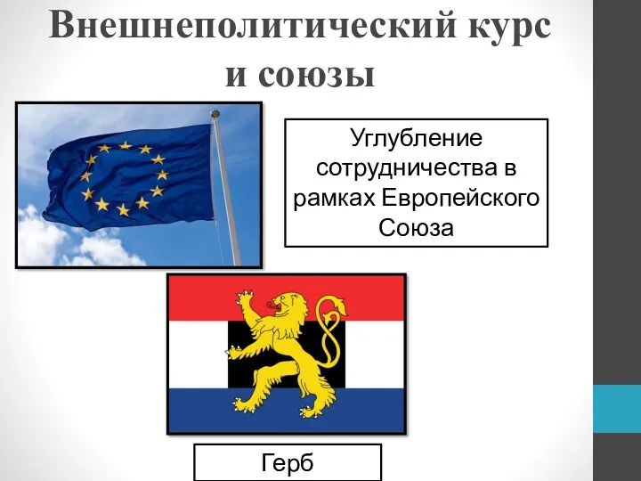 Внешнеполитический курс и союзы Углубление сотрудничества в рамках Европейского Союза Герб Бенилюкса