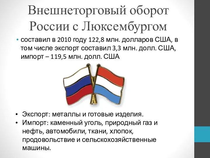 Внешнеторговый оборот России с Люксембургом составил в 2010 году 122,8