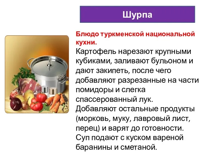 Шурпа Блюдо туркменской национальной кухни. Картофель нарезают крупными кубиками, заливают