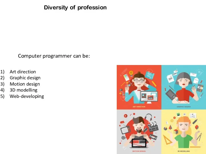 Diversity of profession Computer programmer can be: Art direction Graphic design Motion design 3D modelling Web-developing