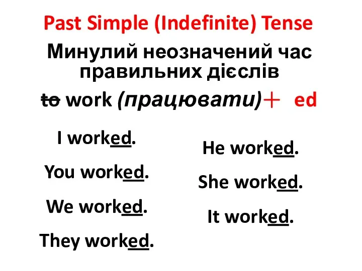 Past Simple (Indefinite) Tense to work (працювати) ed Минулий неозначений